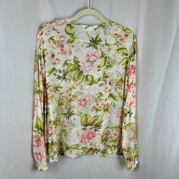 J Jill Floral Ruffle Trim Blouse Women Large Petite White Pink Green Cottagecore - Picture 10 of 11